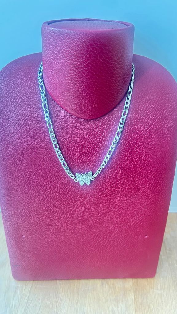 Silver curb chain with crystal butterfly pendant necklace 