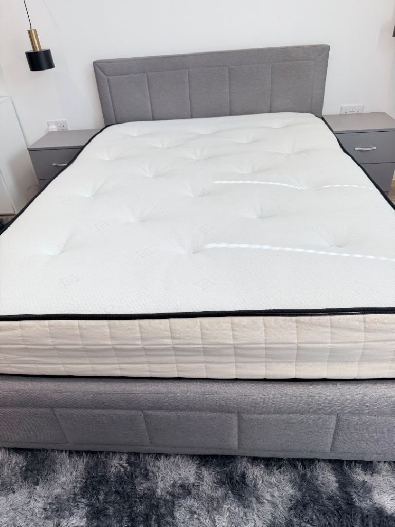 Double bed Size Ottoman Storage Bed in Grey Fabric with Headboard