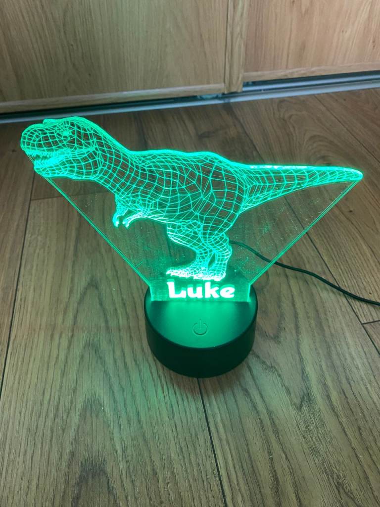 3D Dinosaur T-Rex light up personalised ‘Luke’ lamp / bedside light, multiple colours 