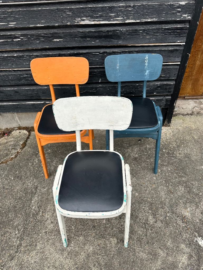 Vintage retro wooden mid century modern stacking school kitchen dining cafe pub chairs 