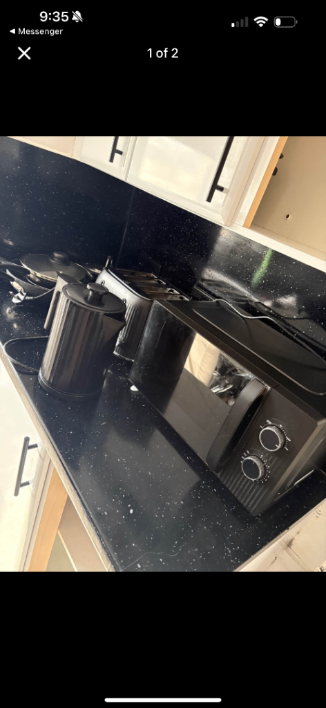 Black Microwave, Kettle, and Toaster Set - Like New Condition