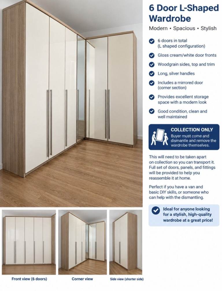 6 Door L-Shaped Wardrobe - Cream/White & Woodgrain, Good Condition