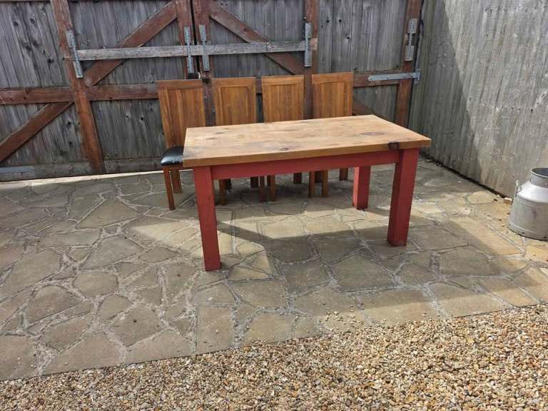 Sturdy Wooden Dining Table with Red Legs and Four Matching Chairs