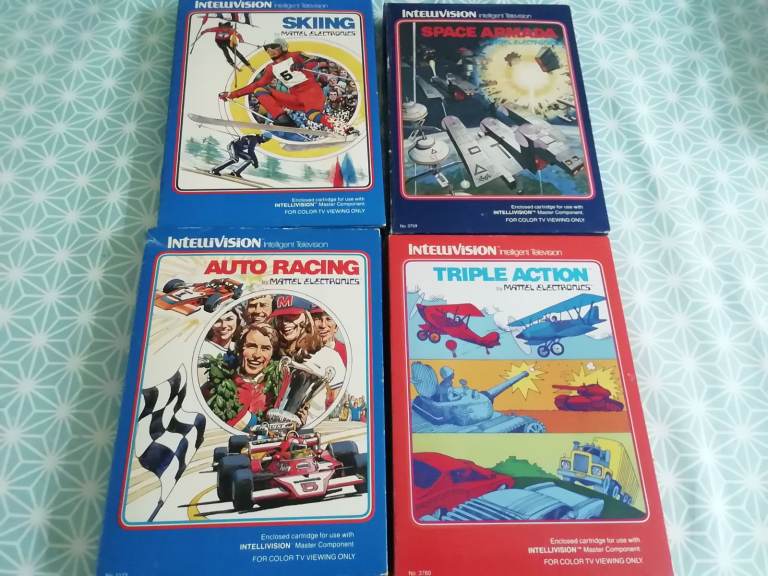 Intellivision Vintage Video Games - Skiing, Space Armada, Auto Racing, Triple Action