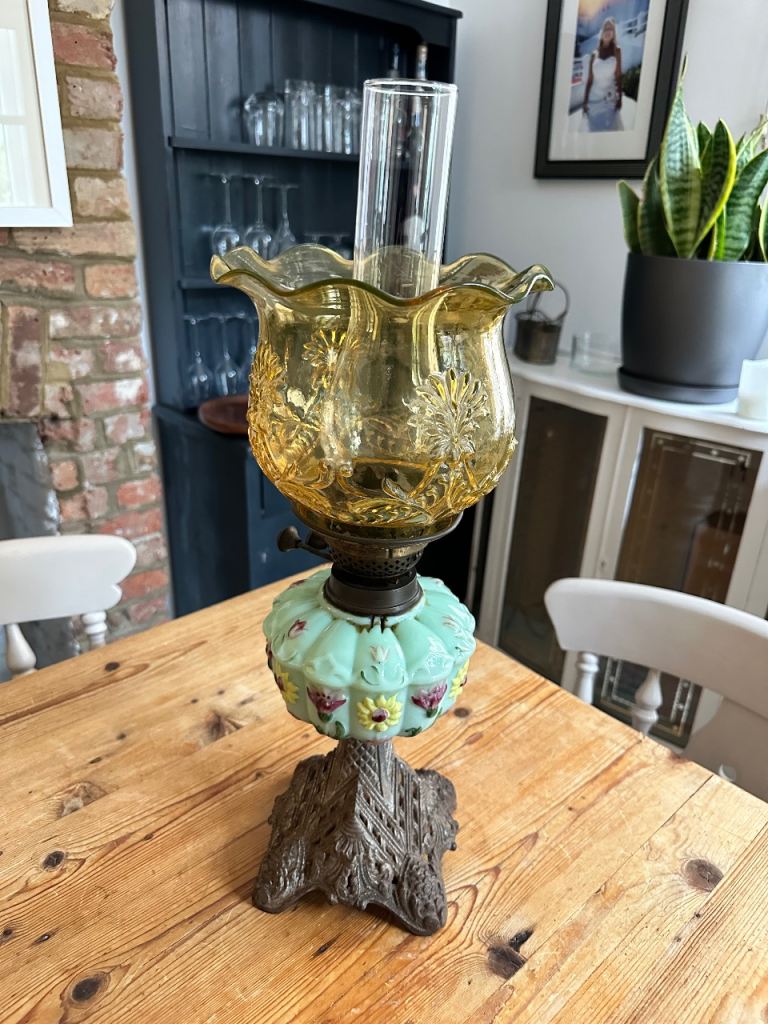 Stunning Antique Oil Lamp Blue Yellow Floral Glass Oil Lamp Duplex Burner 1900