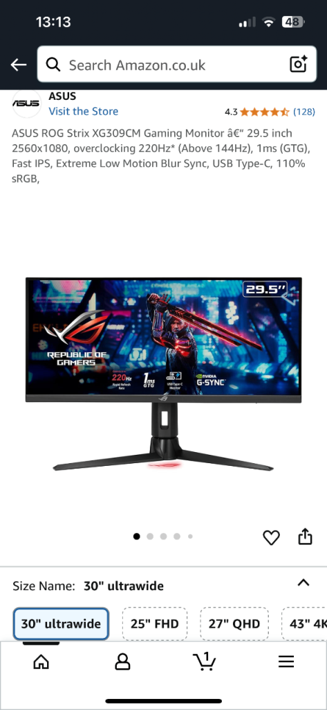 Asus ROG strix 220Hz 29.5’ 2560x1080 Gaming monitor