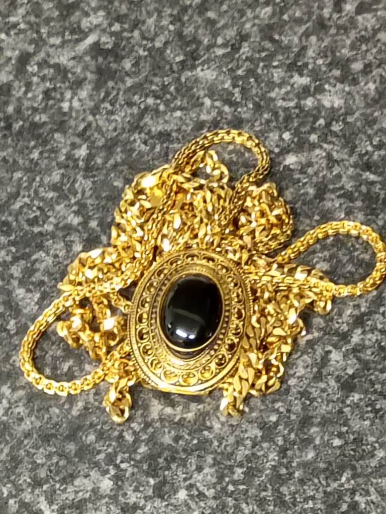 Vintage Black cabochon onyx  long heavy pendant with three Chains layering 