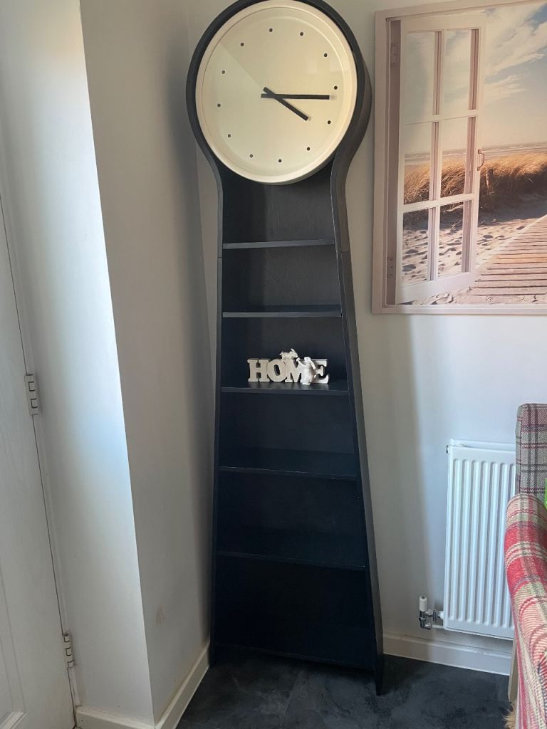 Tall Black Grandfather Clock with Shelves – Good Condition