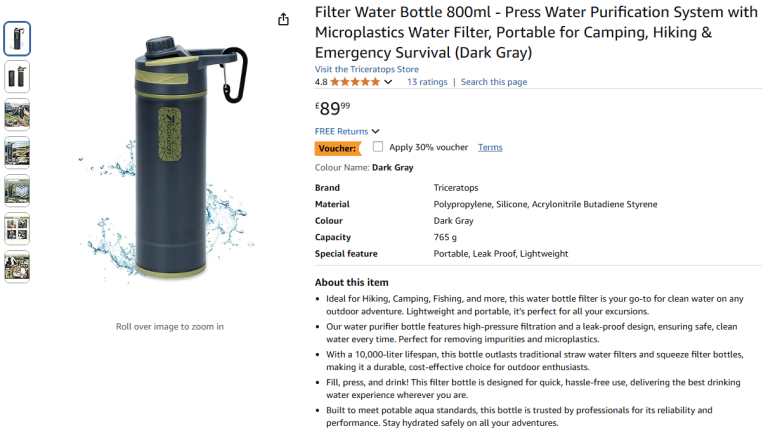 Filter Water Bottle 800ml - Brand new unopened - half price