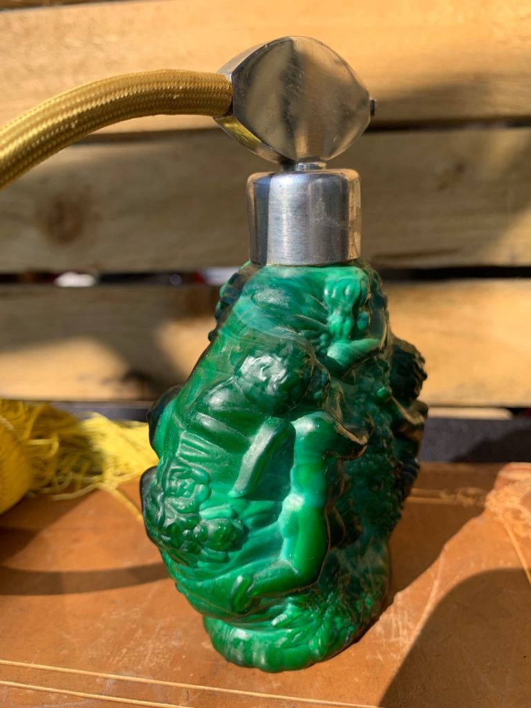 Rare Antique Art Deco Malachite Glass Putti Perfume Scent Bottle