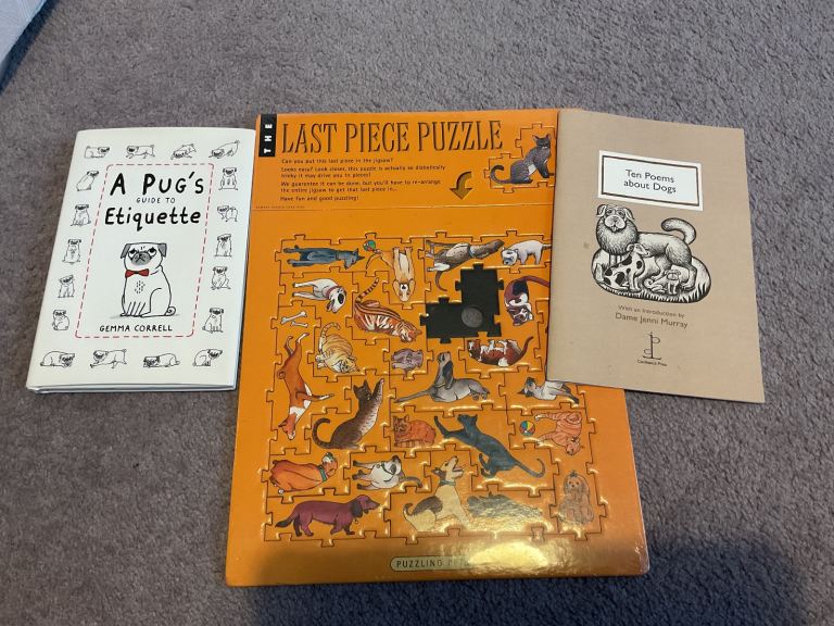 Dog puzzle, pugs etiquette book + 10 poems about dogs