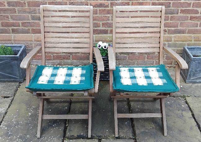 Pair Garden Folding Wooden Armed Chairs with Cushions