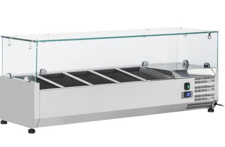 VRX1200/330 Glass Screen Countertop Pizza/Fresh Food Fridge Unit with 5 x 1/4 GN Pans/Lids