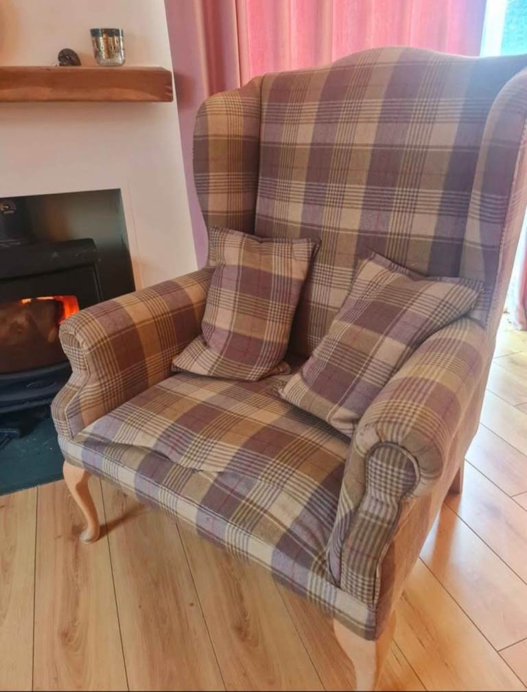 Plaid Wingback Armchair with Cushions – Fair Condition