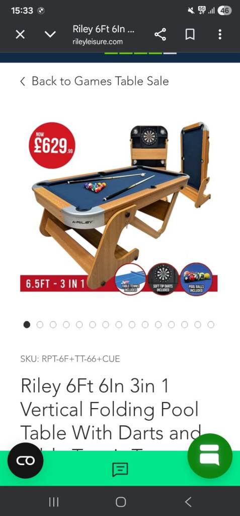 Riley 6ft 6 Folding 3-in-1 Pool Table / Table Tennis / Darts – Space Saving