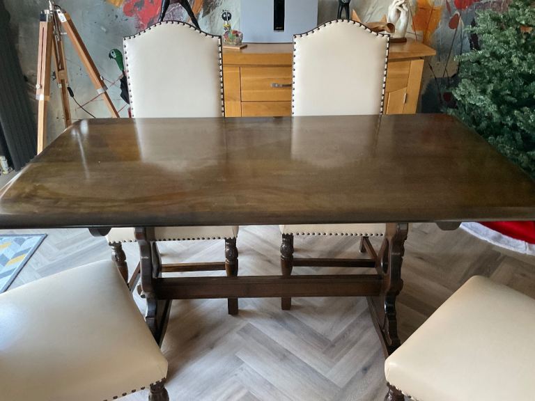 Good Condition Brown solid Wood Dining Table & 6 leather/wood chairs