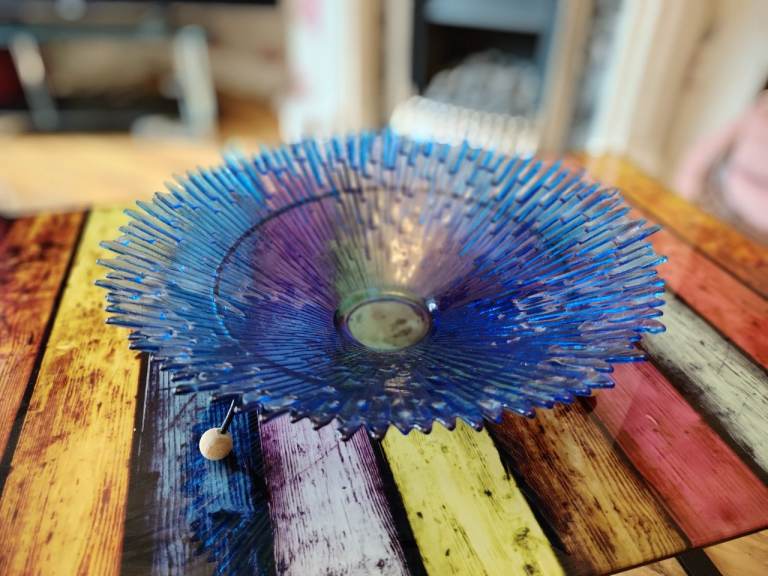 Art glass fruit bowl - blue radial design, iron stand slightly faded, glass perfect - big discount!