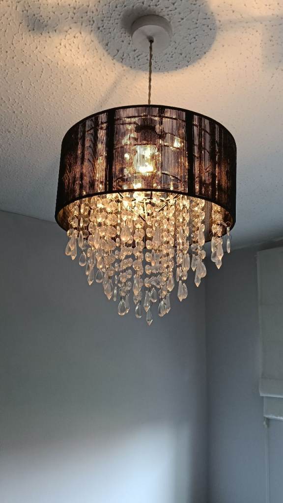 Black Drum Shade Chandelier with Crystal Droplets – Good Condition