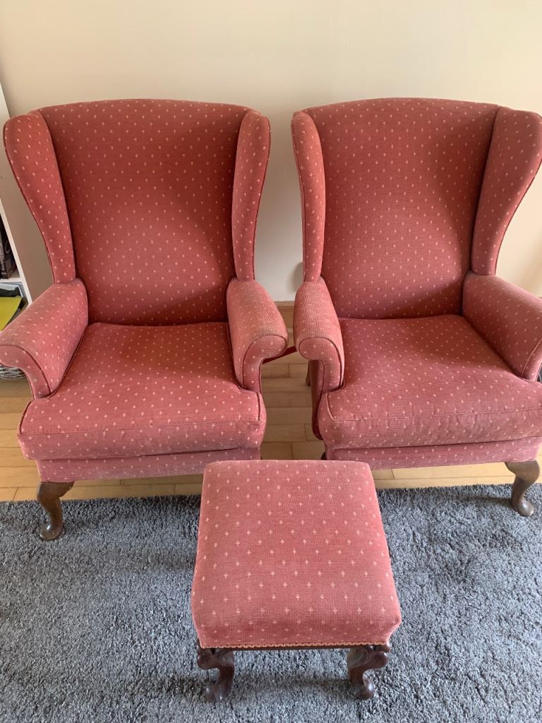 Pair of Wingback Armchairs with Matching Footstool