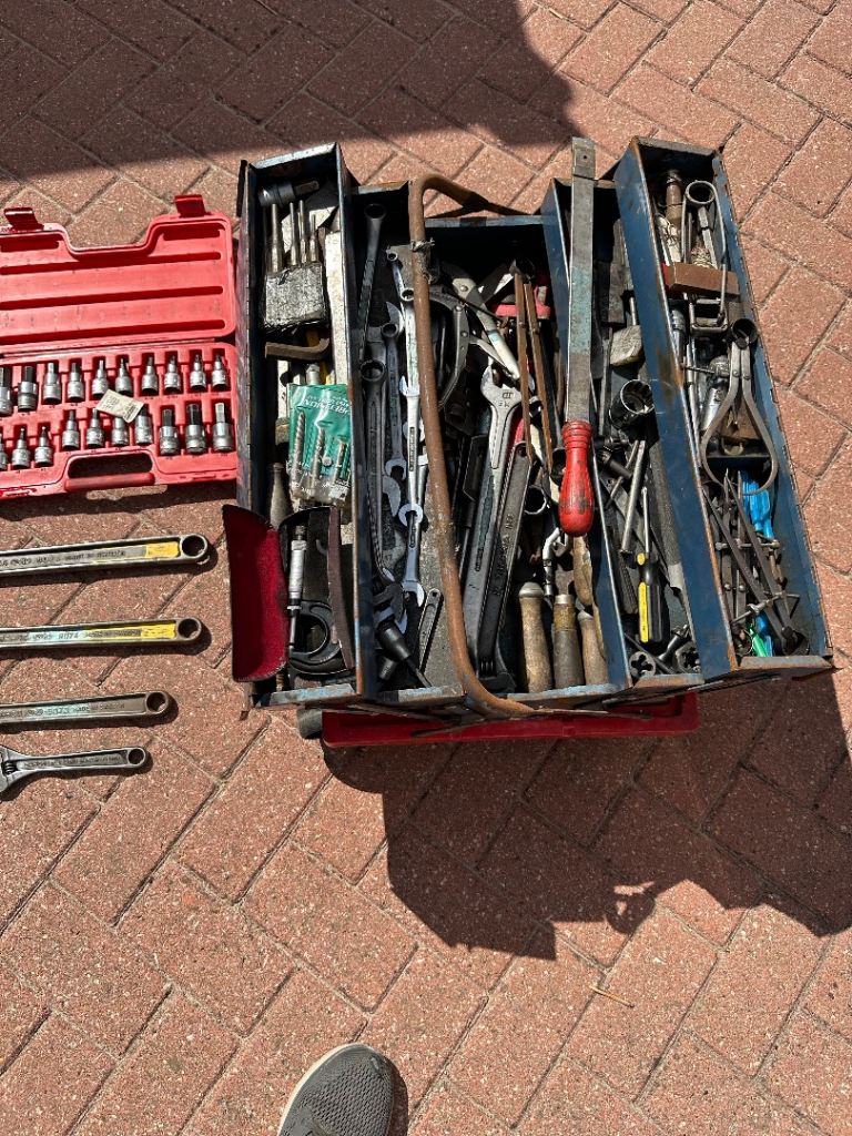 Large Metal Toolbox with Various Hand Tools - Spanners, Wrenches, Files, Etc
