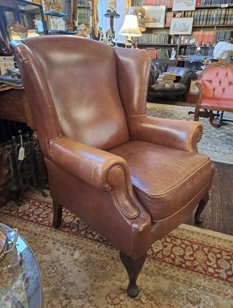 Chestnut Brown Leather Wingback Armchair  on Queen Anne Legs Chesterfield 