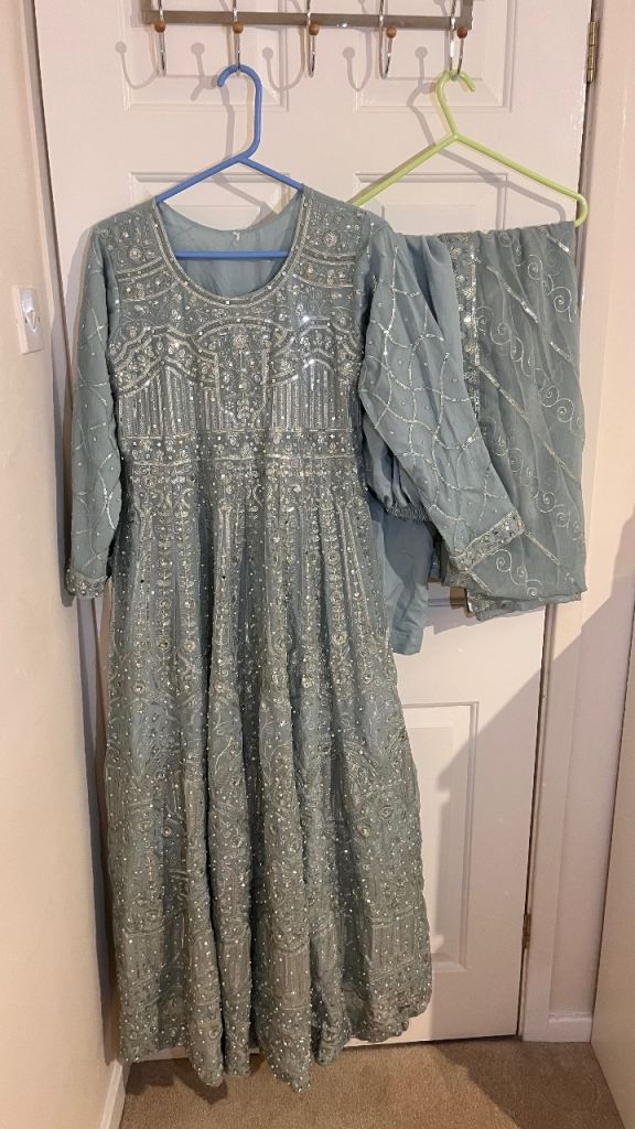 Stunning Light Blue Heavily Embroidered Asian Dress with Dupatta