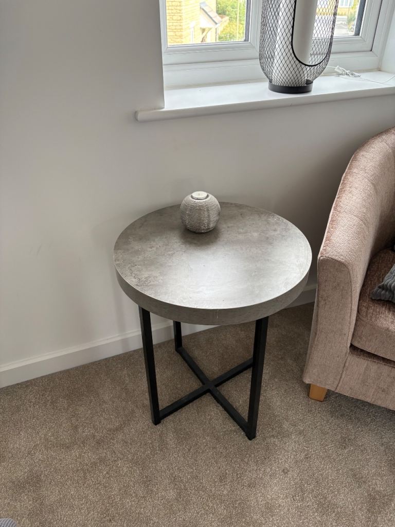 Modern Grey Round Side Table with Black Metal Legs – As Good As New