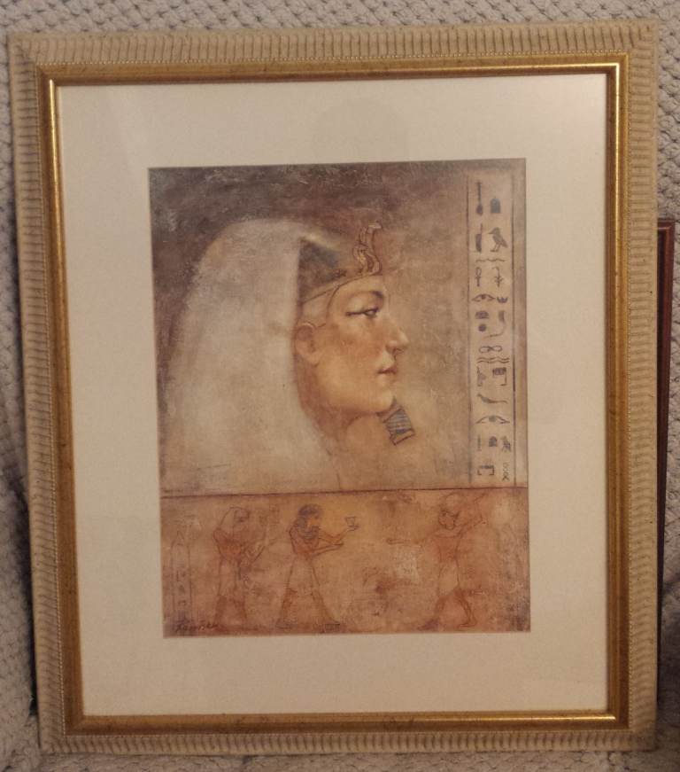 Egyptian pharaoh male and female heads portrait, very large glazed prints pair premium