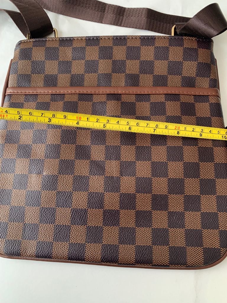 Brown faux leather check cross body bag with canvas strap