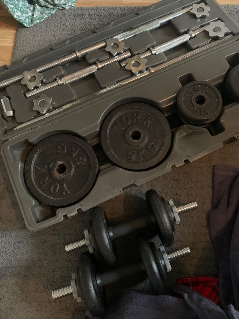 image for York cast iron weight set barbell and dumbbell 