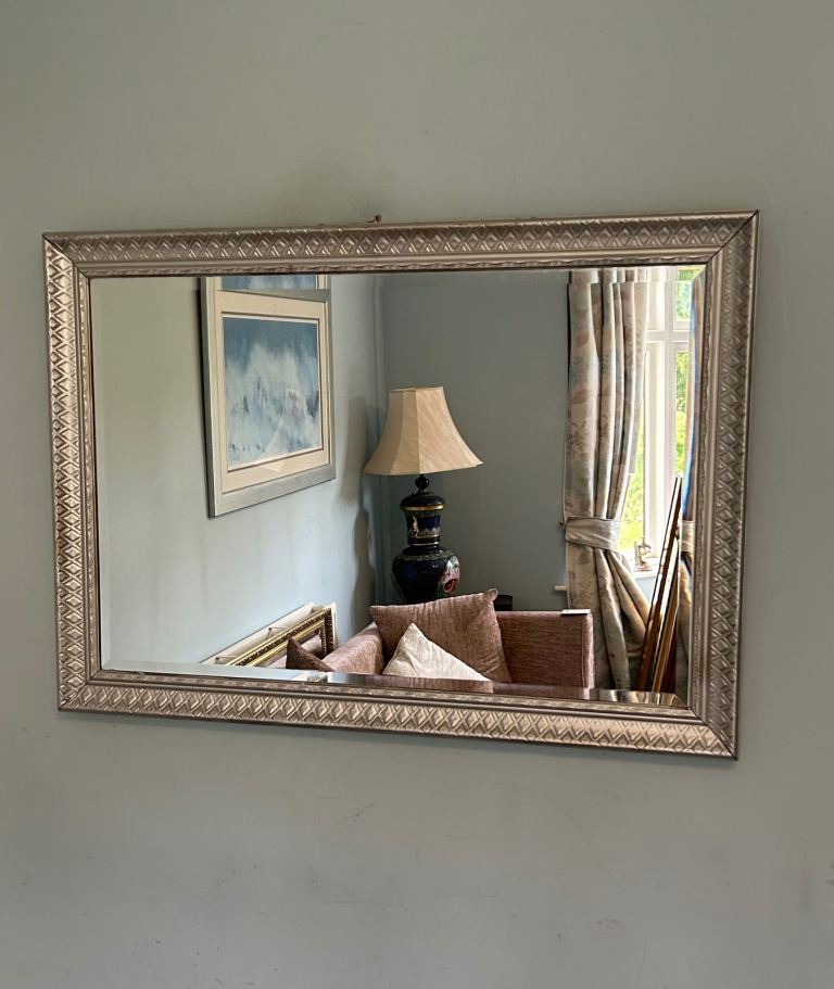 Vintage Silver Bevelled Mirror Detailed Design - Large  H28in/71cm W40iin/102cm Good condition  C419
