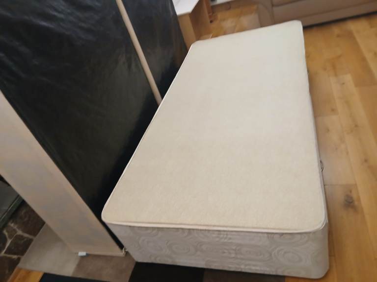 Off White Fabric Covered Single Bed frame with inbuilt storage