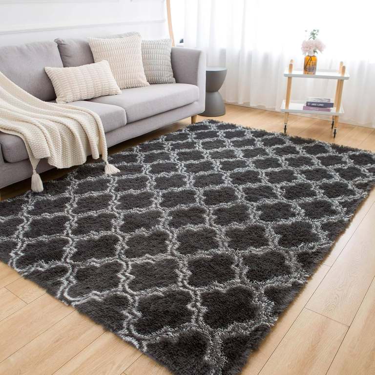 image for Black with Greyish White Fluffy Soft Rug Stain Resistant with Anti Slip Backing (120x180 cm)