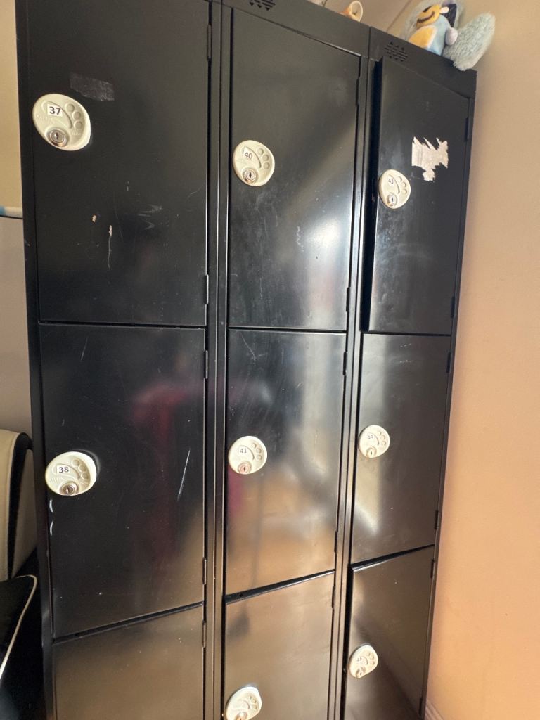 Black Metal Storage Lockers – Six Compartments, Fair Condition