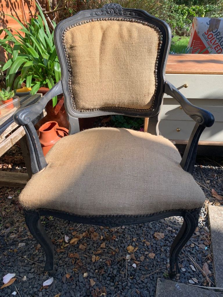 Vintage Style Wooden Armchair with Burlap Upholstery FREE