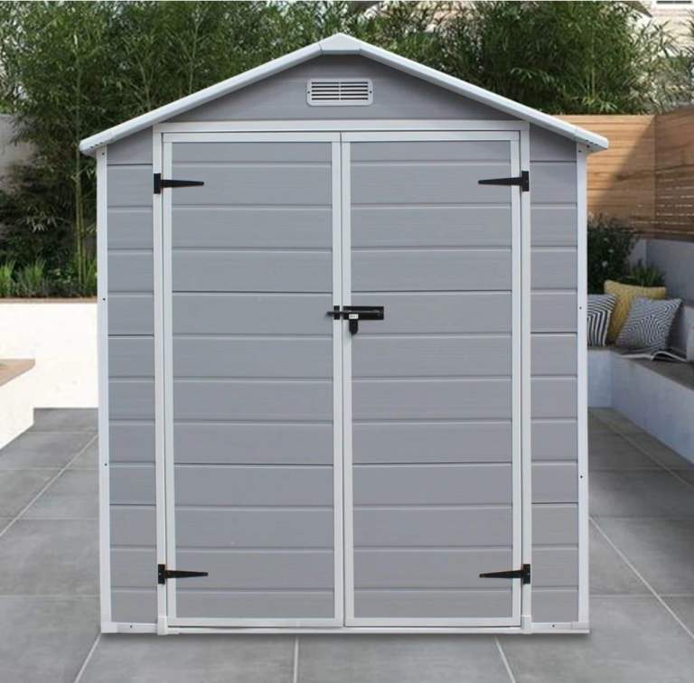 6 x 4FT Garden Shed Plastic Tool Storage House with Lockable Doors Apex Roof  Grey  