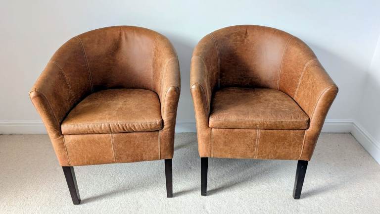 Pair of Tan Leather Armchairs – Good Condition
