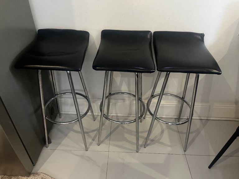 Set of 3 Swivel Kitchen Bar Stools – Black & Chrome – Collection Only