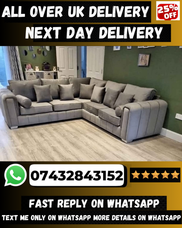 Velvet Grey Corner Sofa - Almost New Condition