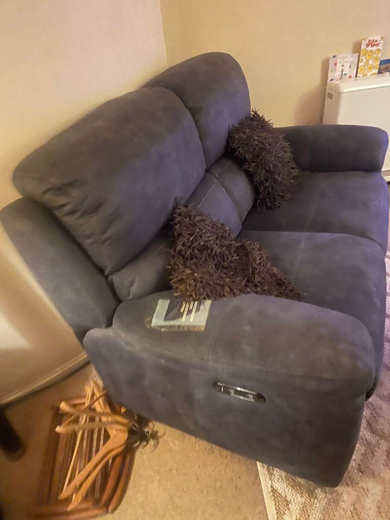 Ridiculously Comfortable Blue Suede Reclining Sofas. 2 and 3 seater with USB ports!