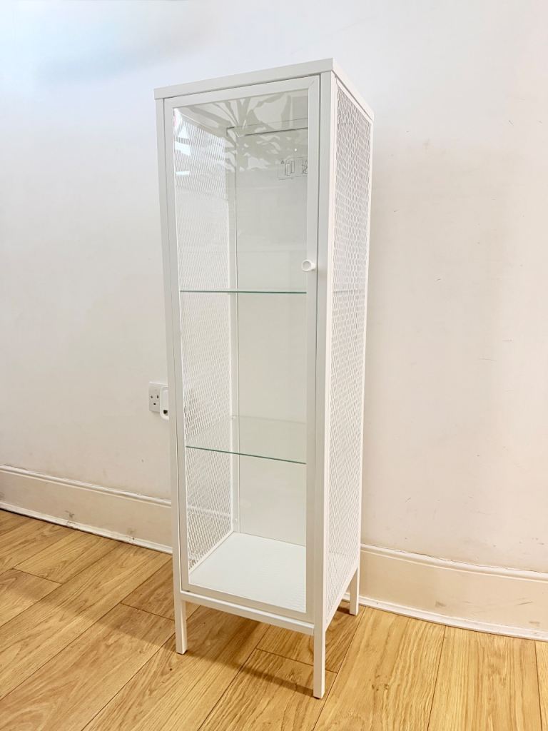 IKEA BAGGEBO Glass-door cabinet, metal/white 34x 30x 116cm