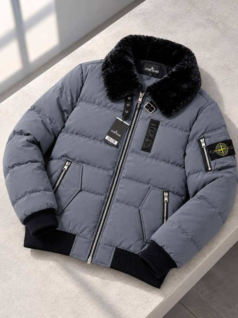 Stone Island Grey Puffer Jacket – Brand New with Tags, Faux Fur Collar