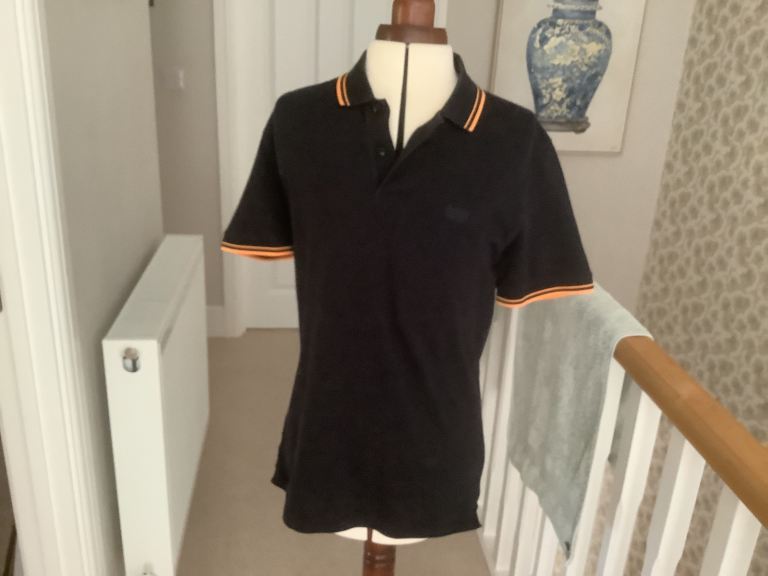 HUGO BOSS Dark Navy Cotton Polo Shirt with Orange Trim, Good Condition