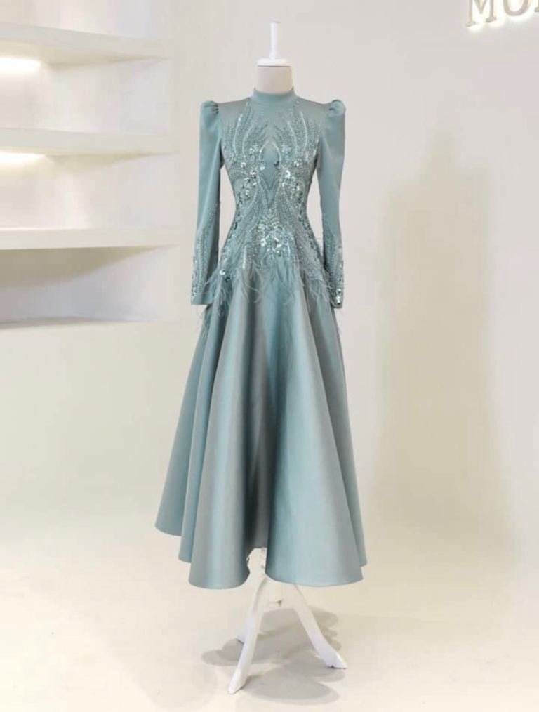 Negotiable- Elegant Green Sequin and Feather Embellished Long Sleeve Dress