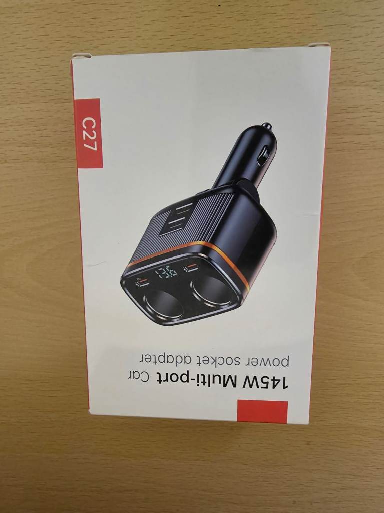 145W USB C Car Charger Cigarette Lighter Adapter with LED Voltmeter Dual USB +PD Ports, 12V/24V 