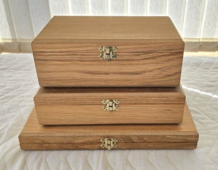 3 x handmade Oak fishing tackle boxes (S, M, L)