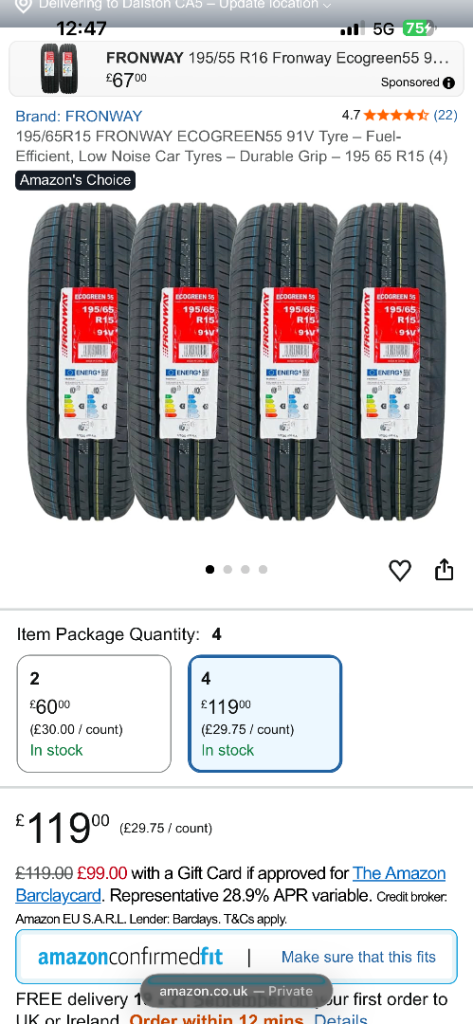 Brand new RRP £120 tyre set 195 65 15