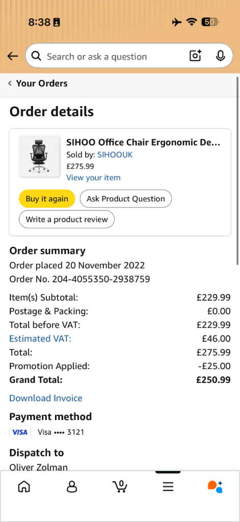 SIHOO Ergonomic Office Chair - RRP £300, Black, like New