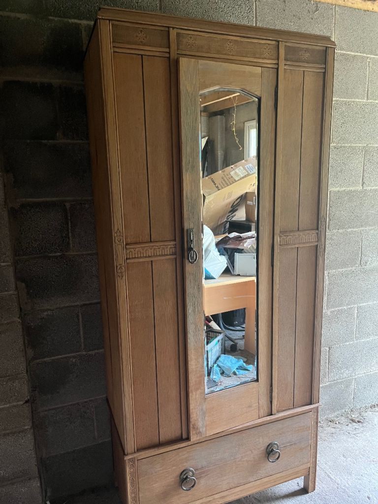 Vintage Wooden Wardrobe with Mirror and Drawer
