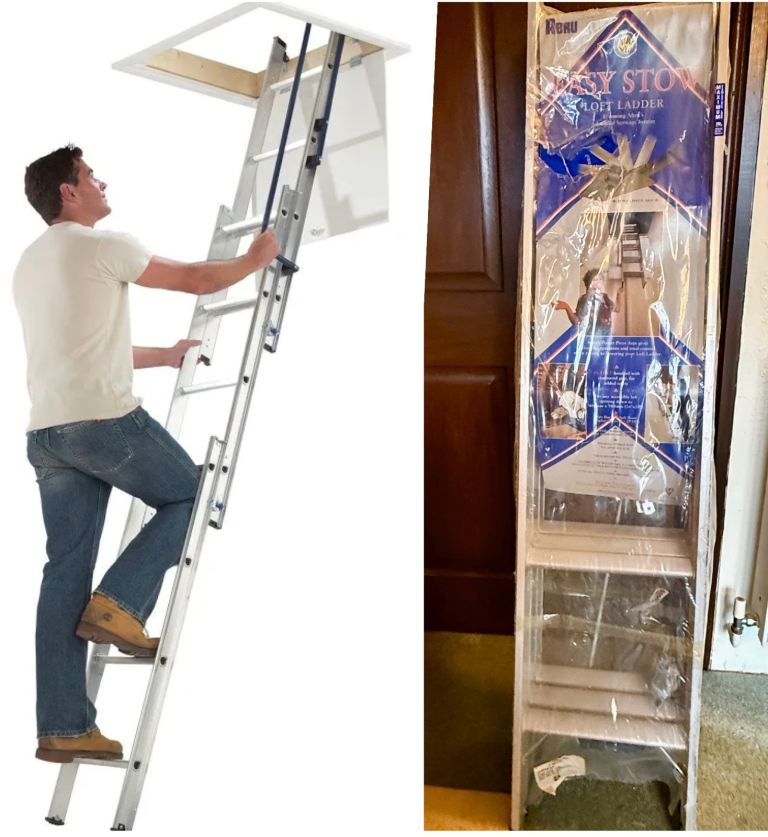 ABRU BLUE SEAL ALUMINIUM SPRING-ASSISTED LOFT LADDER & HANDRAIL-RRP £157-NEW-COLLECT ONLY BURNLEY